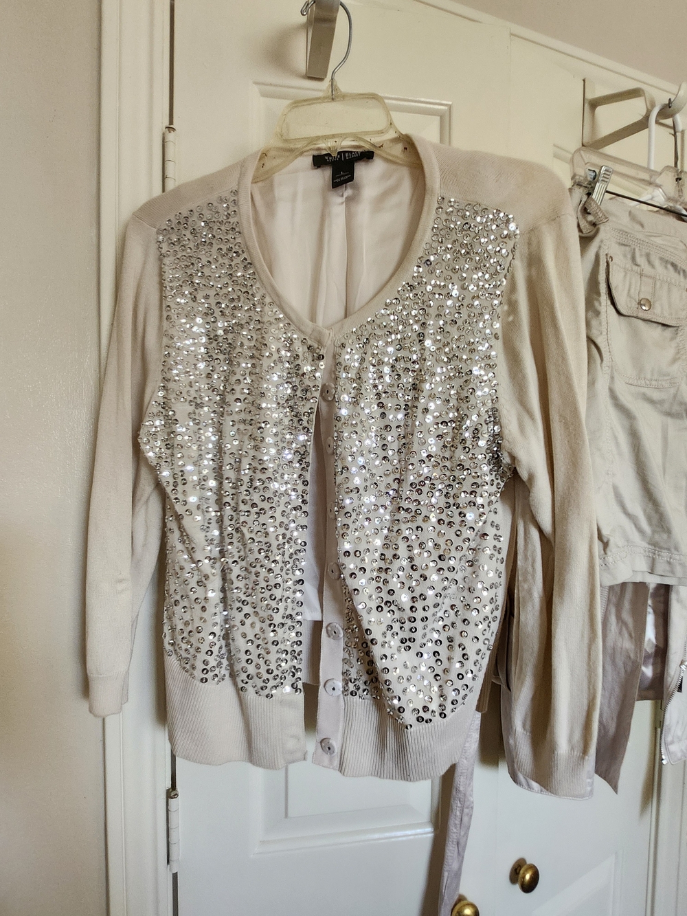 White House Black Market Cream Sequin Front Button Cardigan